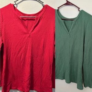 Women's Red and Green Waffle Knit Tops 2 Shirts Both L